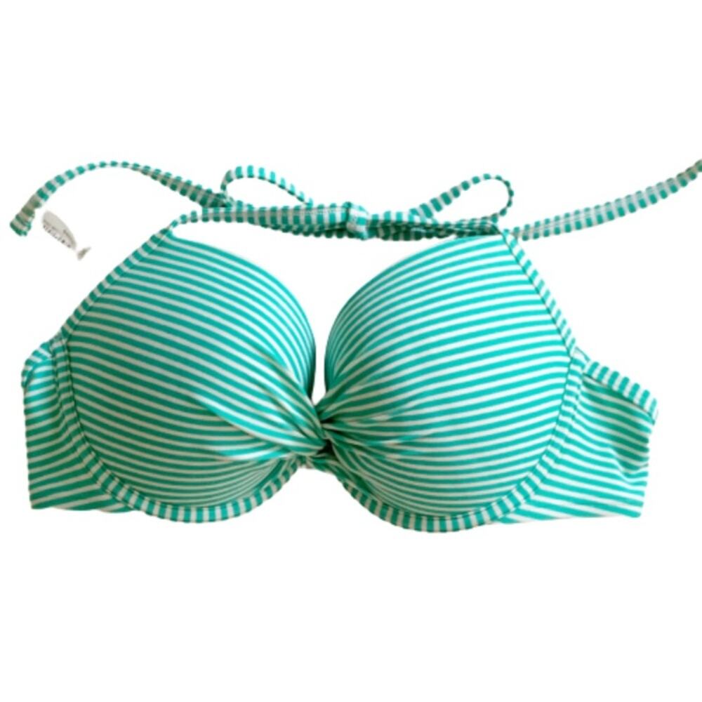 Aerie Brooke Bikini Top Green and White Striped Halter Bikini Top Size 36C